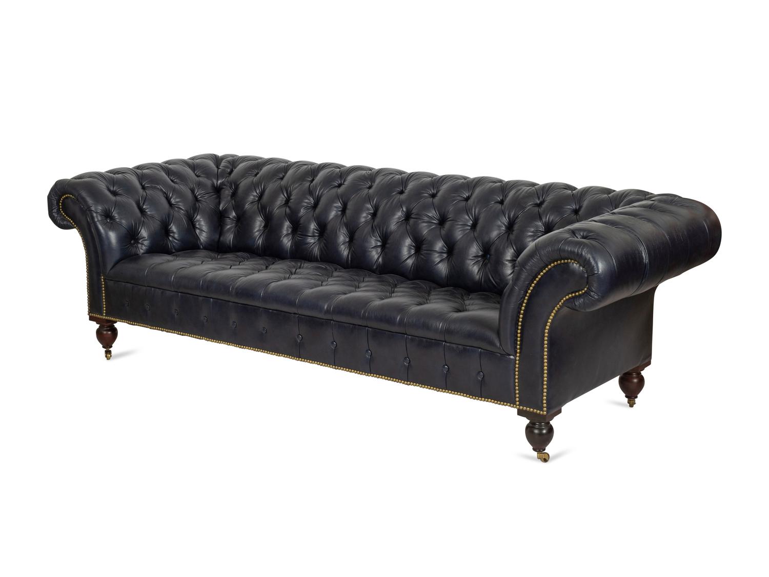 A Navy Blue Calfskin Upholstered Chesterfield Sofa