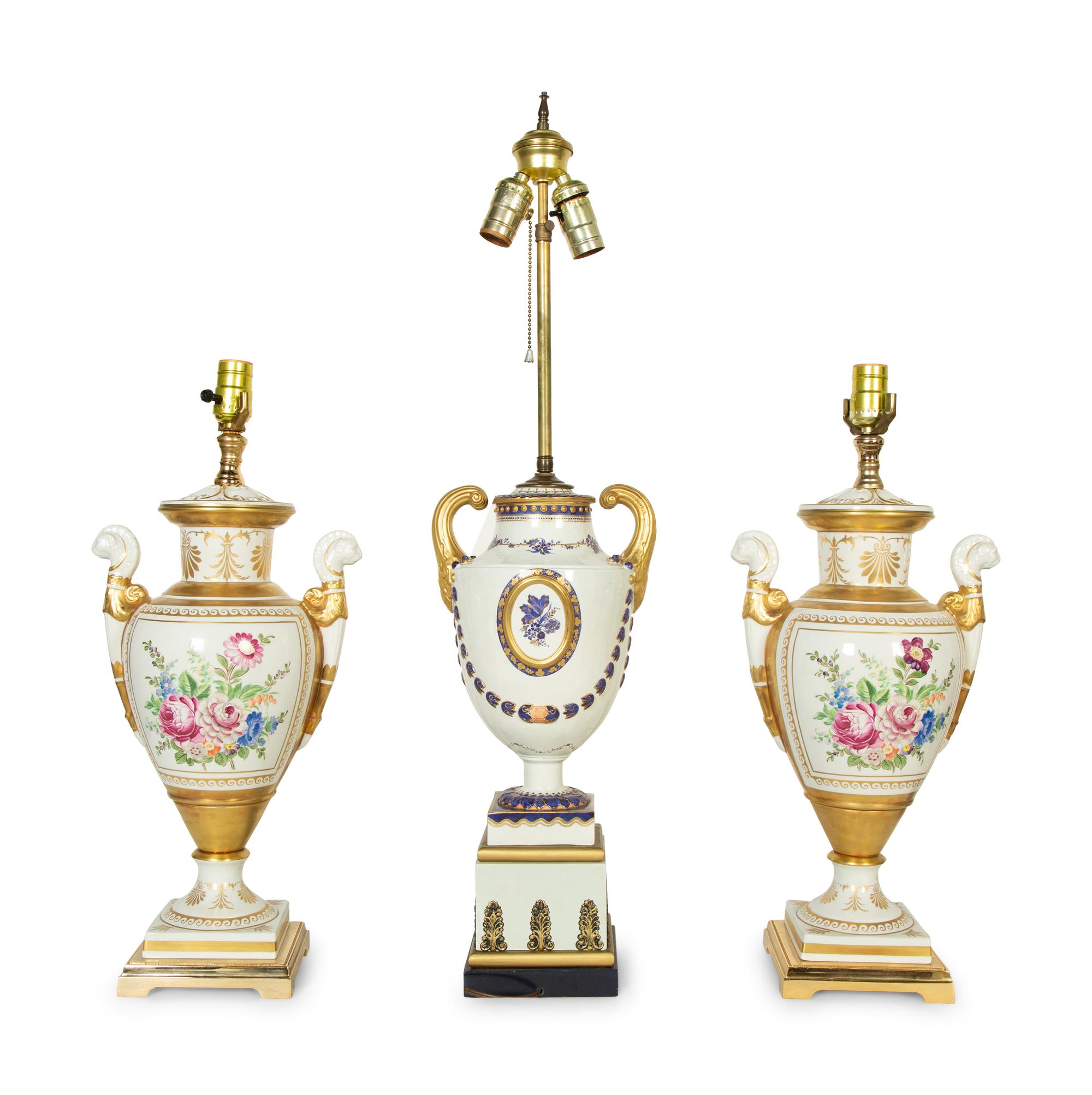 A Pair of Paris Porcelain Lamps and an Additional Lamp