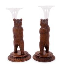 A Pair of Black Forest Style Carved Wood Bear-Form Trumpet Vases