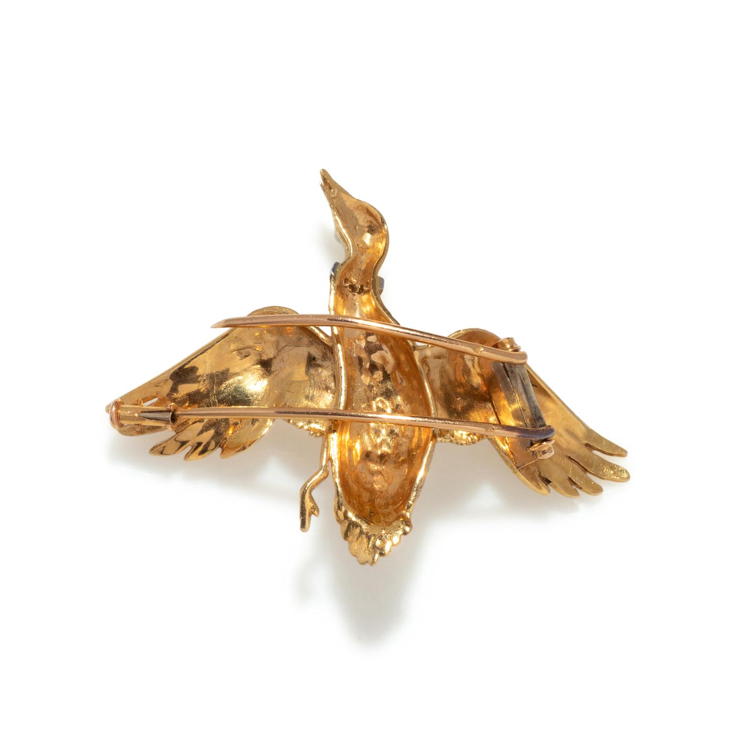 FRENCH, YELLOW GOLD AND DIAMOND DUCK BROOCH