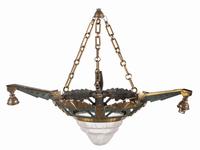 An Art Deco Gilt Metal and Frosted Glass Chandelier