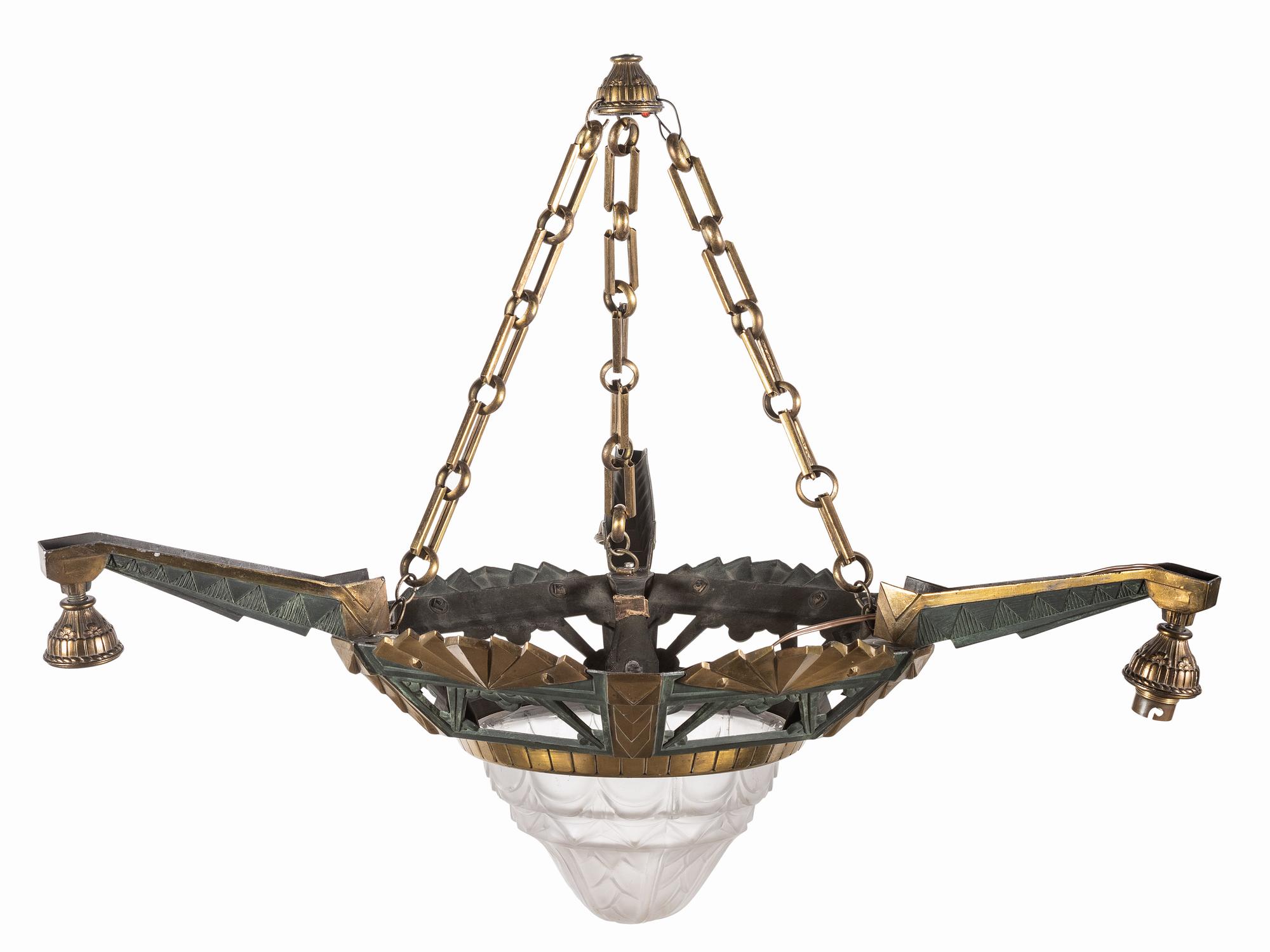 An Art Deco Gilt Metal and Frosted Glass Chandelier