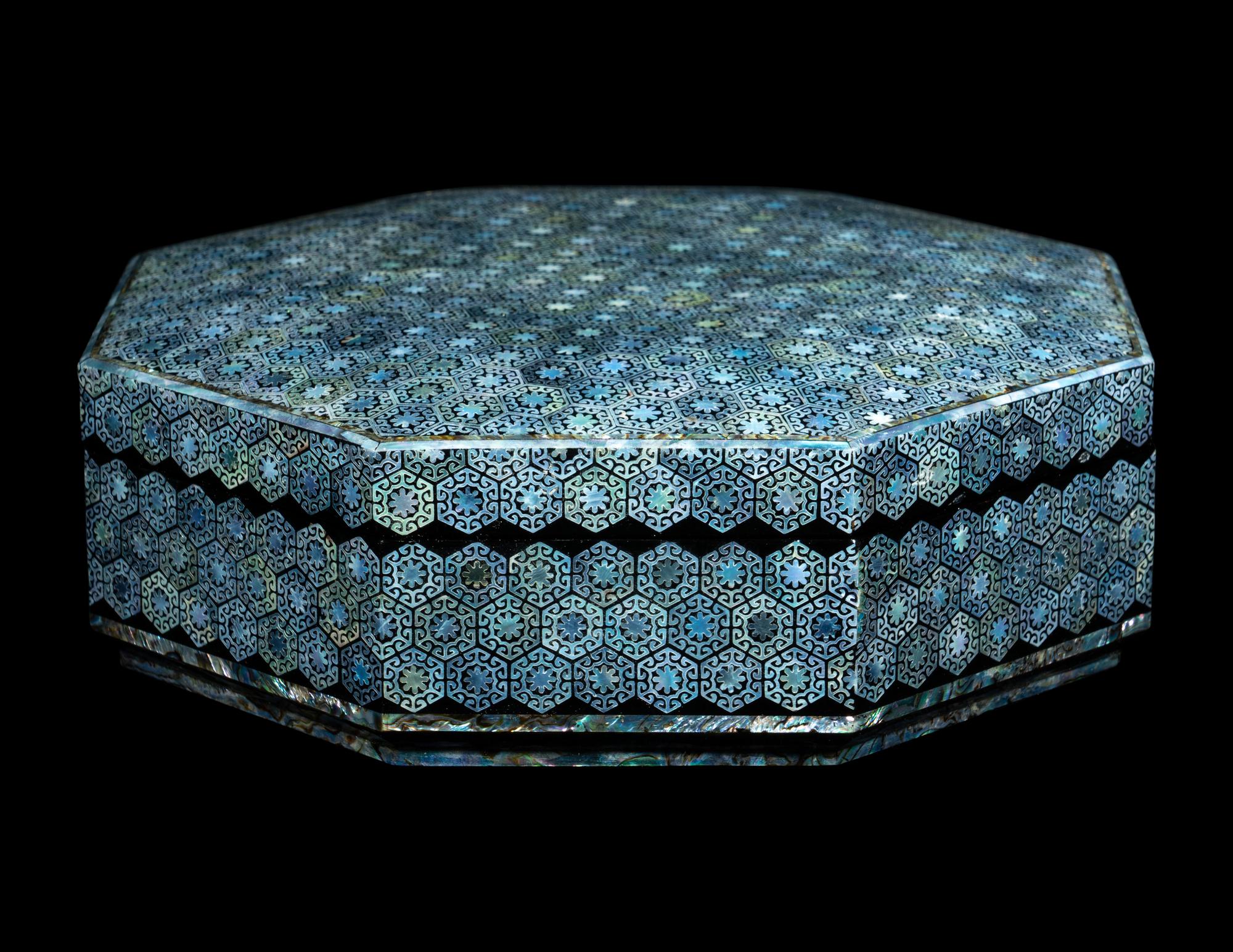 A Korean Mother-of-Pearl Inlaid Black Octagonal Lacquered Box and Cover
