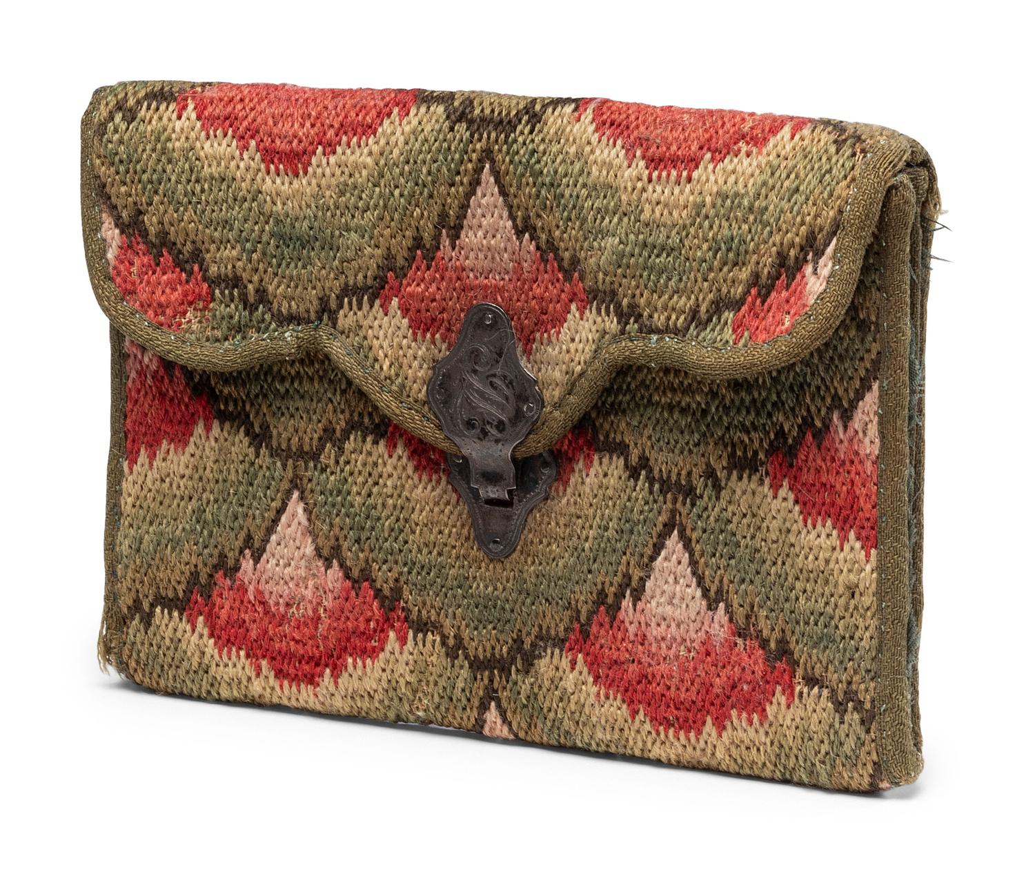 A Queen Anne Flamestitch Wool Lady’s Purse with Engraved Silver Closure