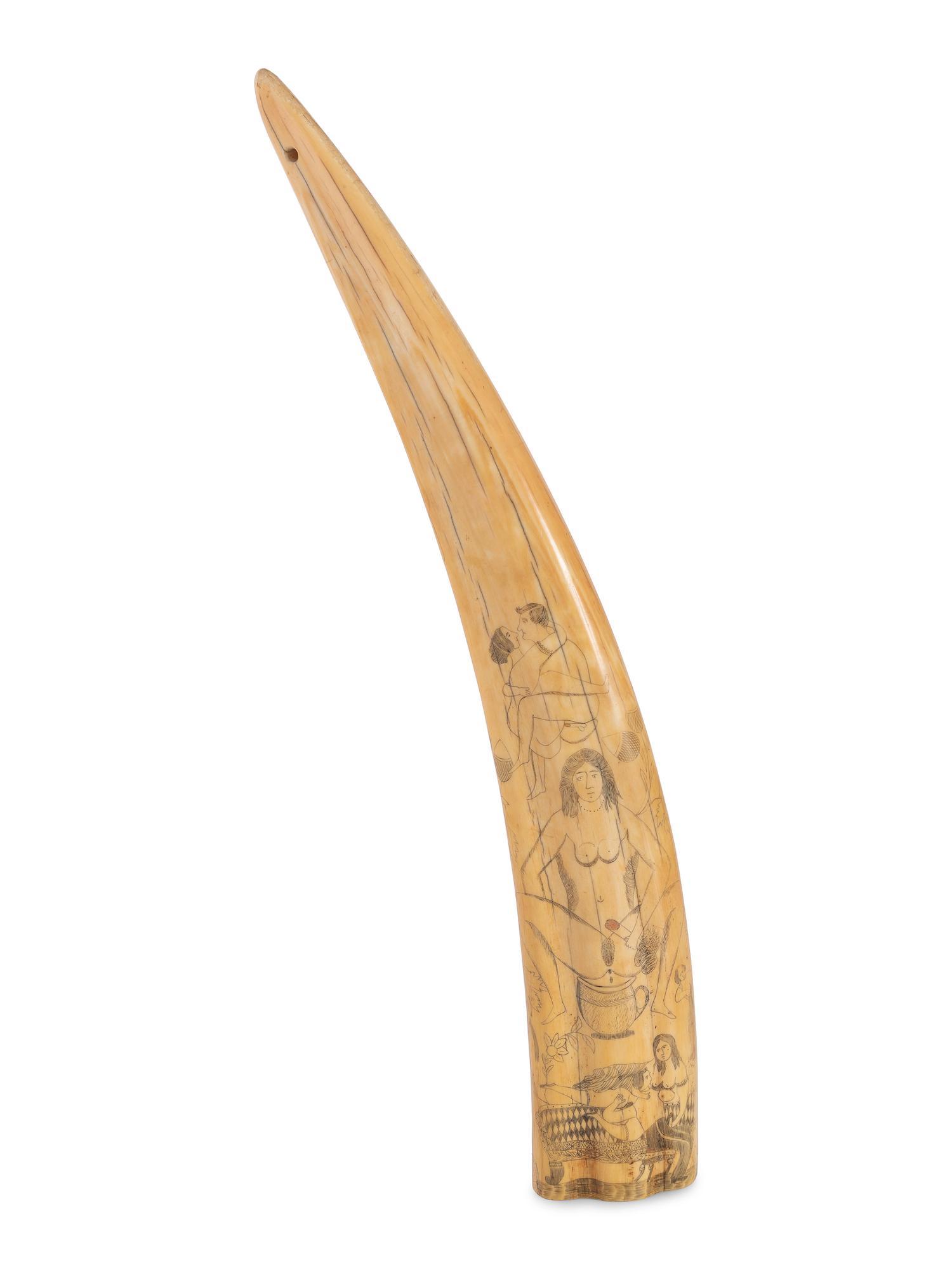 A Scrimshaw Walrus Tusk with Erotic Depictions