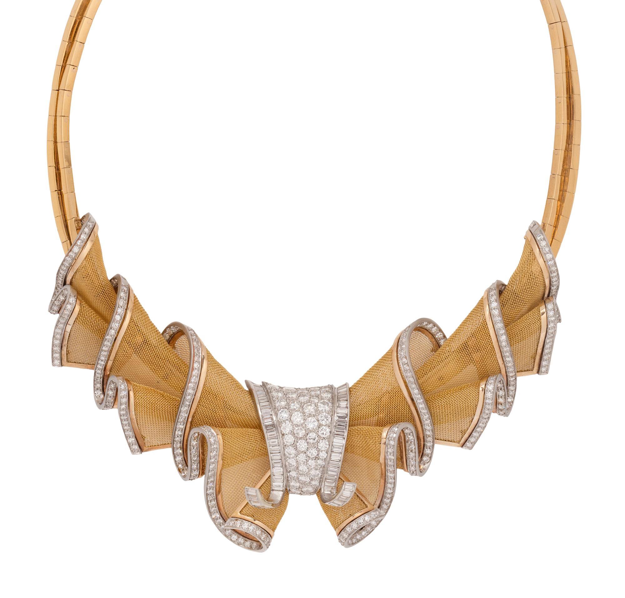 FRENCH, RETRO, YELLOW GOLD, PLATINUM AND DIAMOND NECKLACE