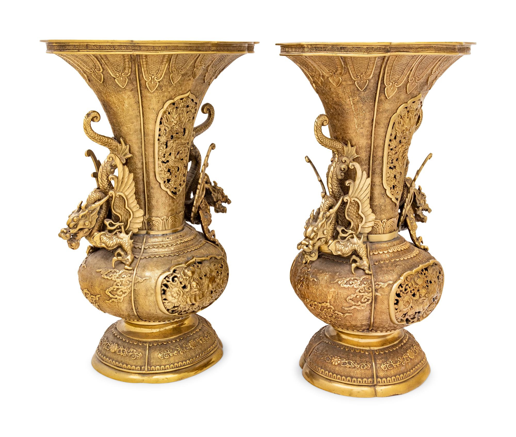 A Pair of Chinese Gilt Bronze Vases