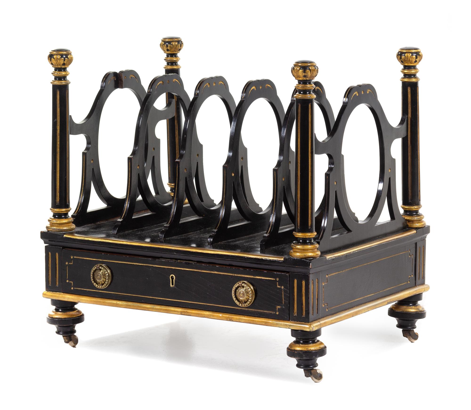 A Continental Ebonized and Parcel Gilt Canterbury Height 19 x width 19 1/2 x depth 13 1/2 inches. — 19TH CENTURY