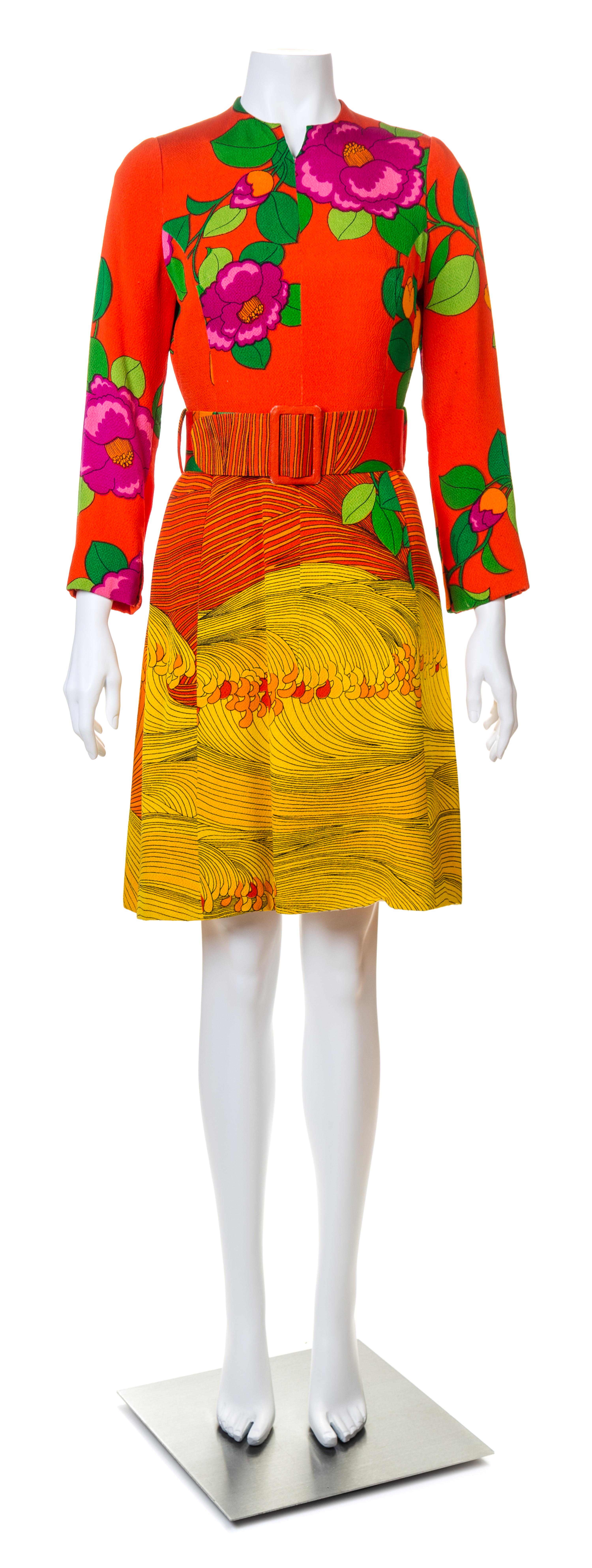 A Hanae Mori Multicolor Silk Dress, Size 10; Belt: 32.75" x 2.75".
