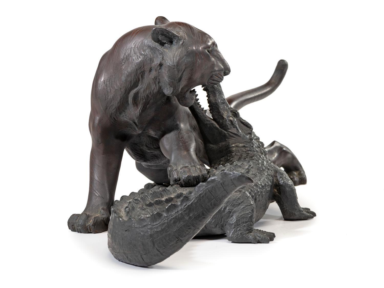 A Japanese Meiji Bronze Tiger and Alligator Sculptural Group