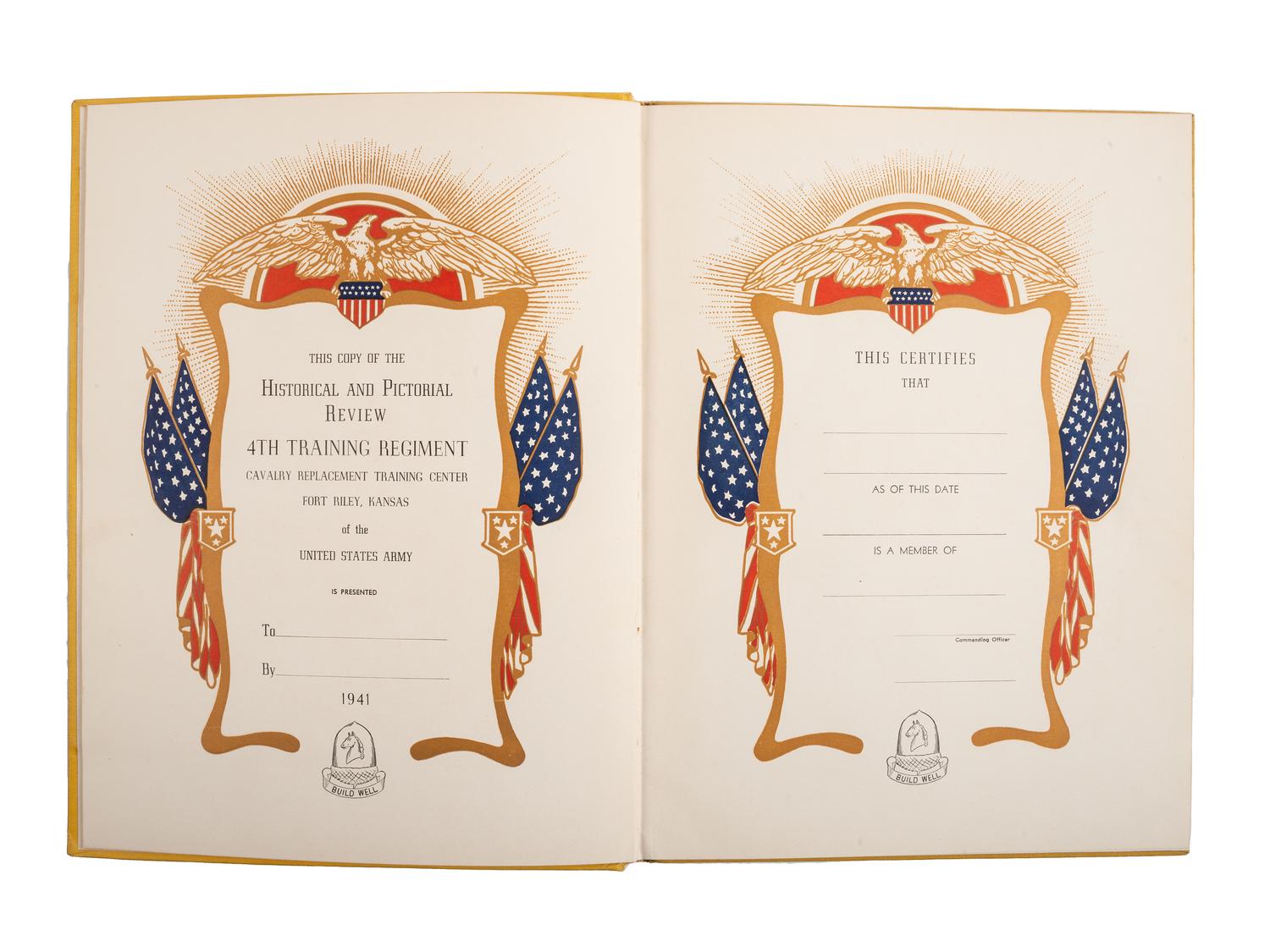 [WORLD WAR II]. Cavalry Replacement Training Center Fort Riley, Kansas 1941. Baton Rouge, LA: The Army and Navy Publishing Company, 1941. Including African American Troops A and B, 8th Training Squadron.