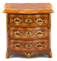 A Continental Parquetry and Gilt Metal Mounted Diminutive Commode Height 9 1/2 x width 9 1/2 x depth 6 1/2 inches. — LIKELY GERMAN OR AUSTRIAN