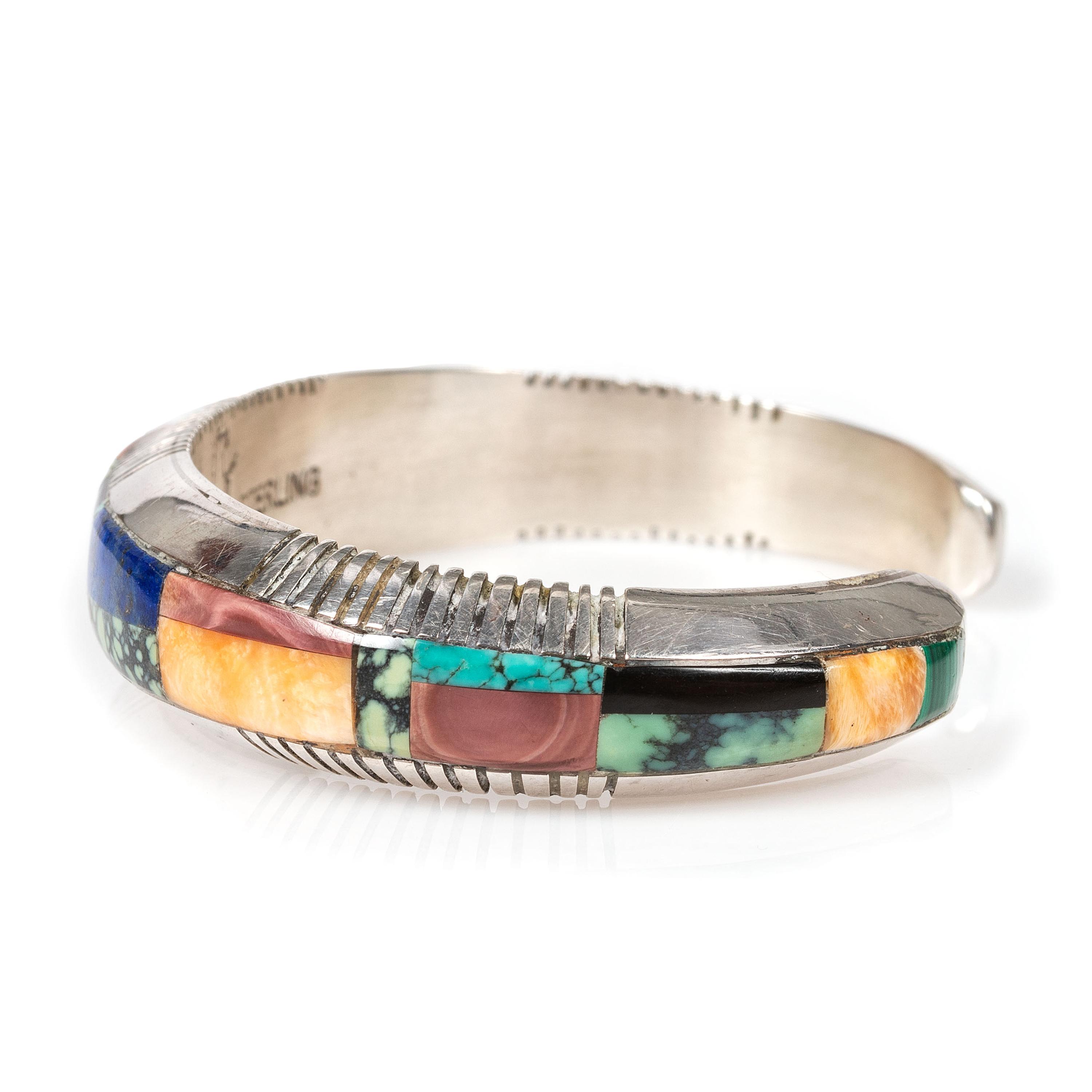 Matching Sterling Silver and Mosaic Inlay Cuff Bracelet and Figural Necklace