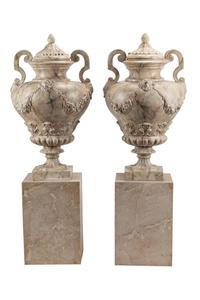 A Pair of Neoclassical Style Faux Marble Painted Terracotta Urns and Stone Plinths