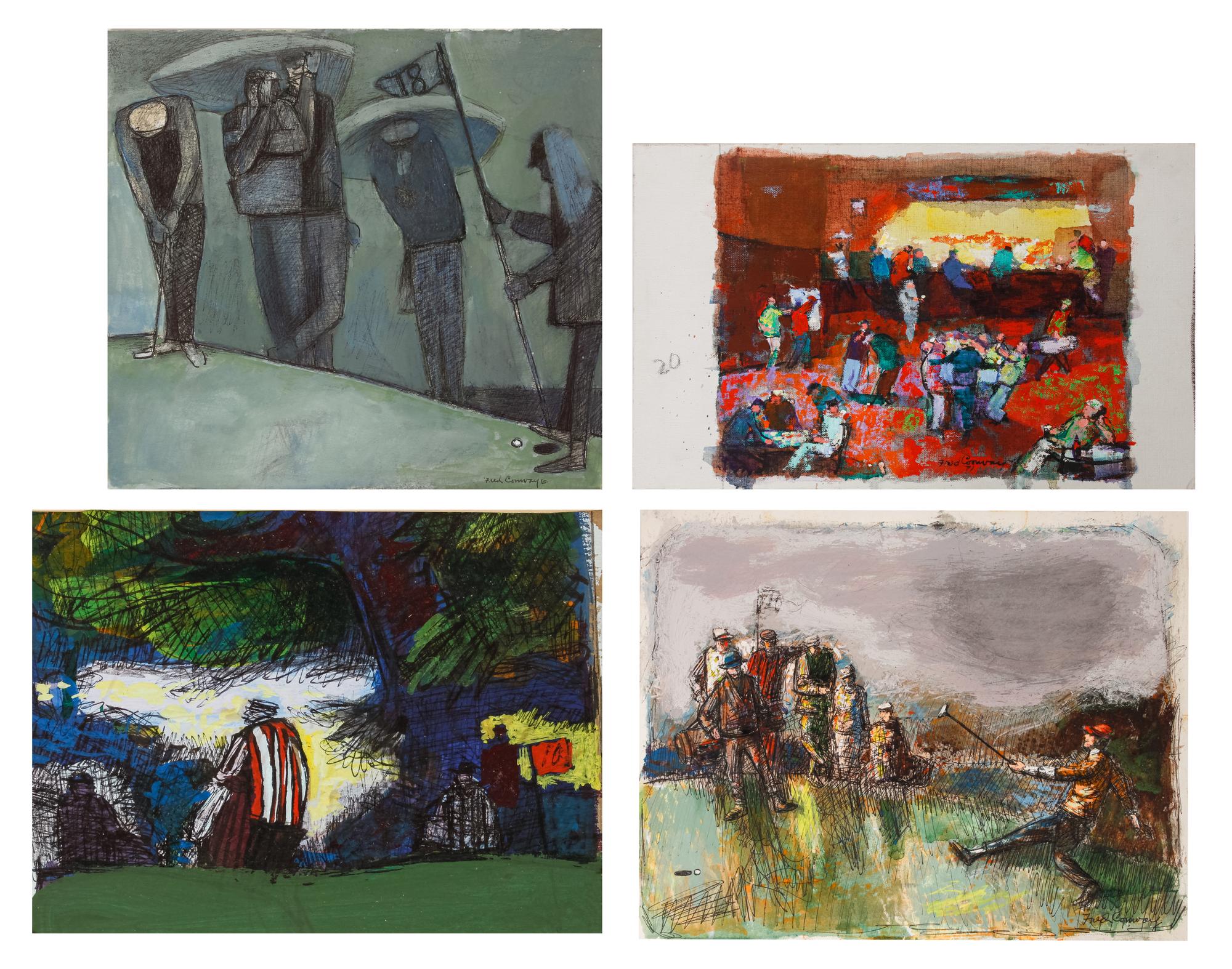 Four works: 19th Hole, 1971; Untitled (Golf Scene); Untitled (Golfers Under Tree); and Golfers ABC , 1964