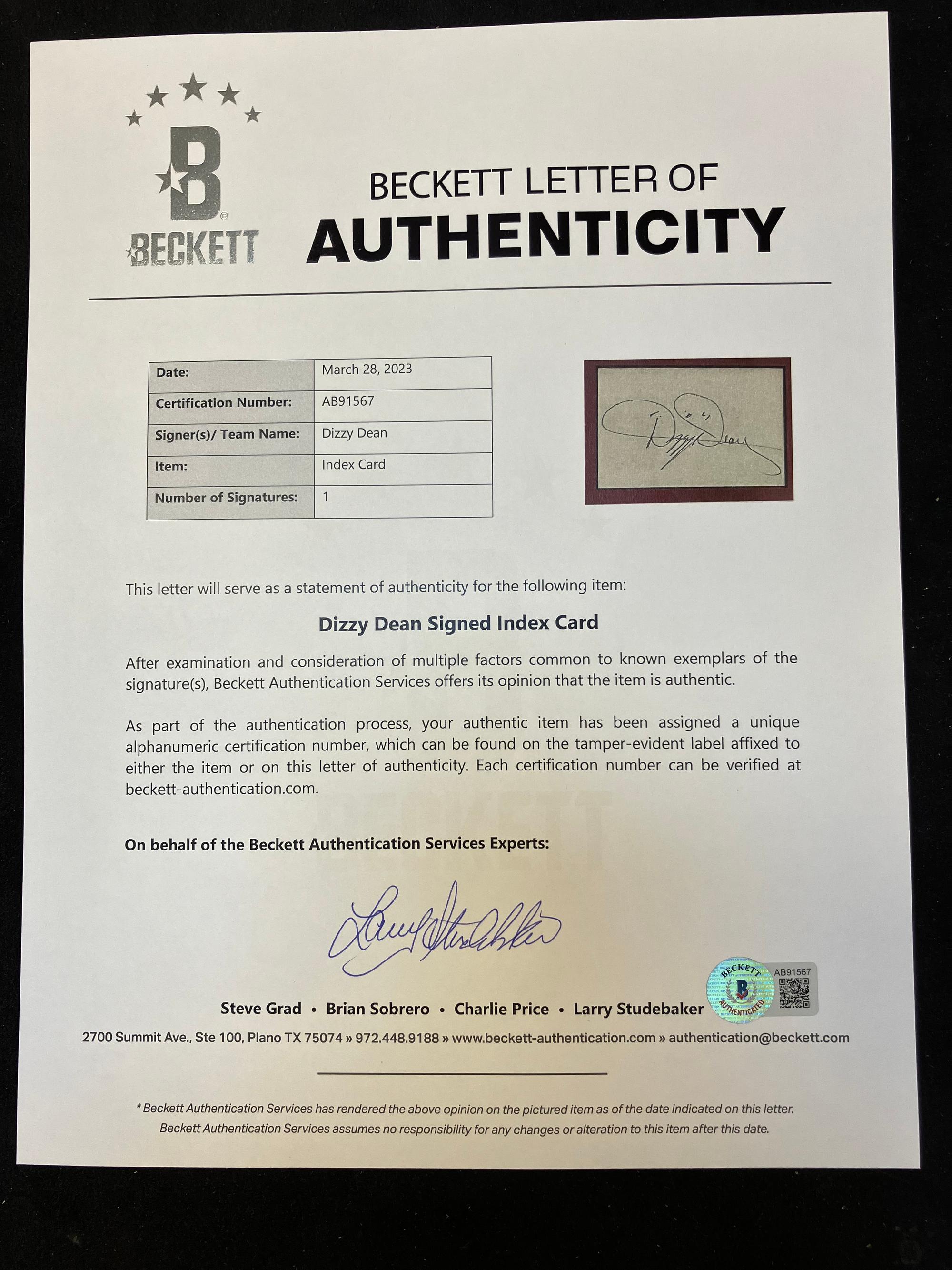 A Dizzy Dean Signed Autograph Display (Beckett Authentication Services Letter),