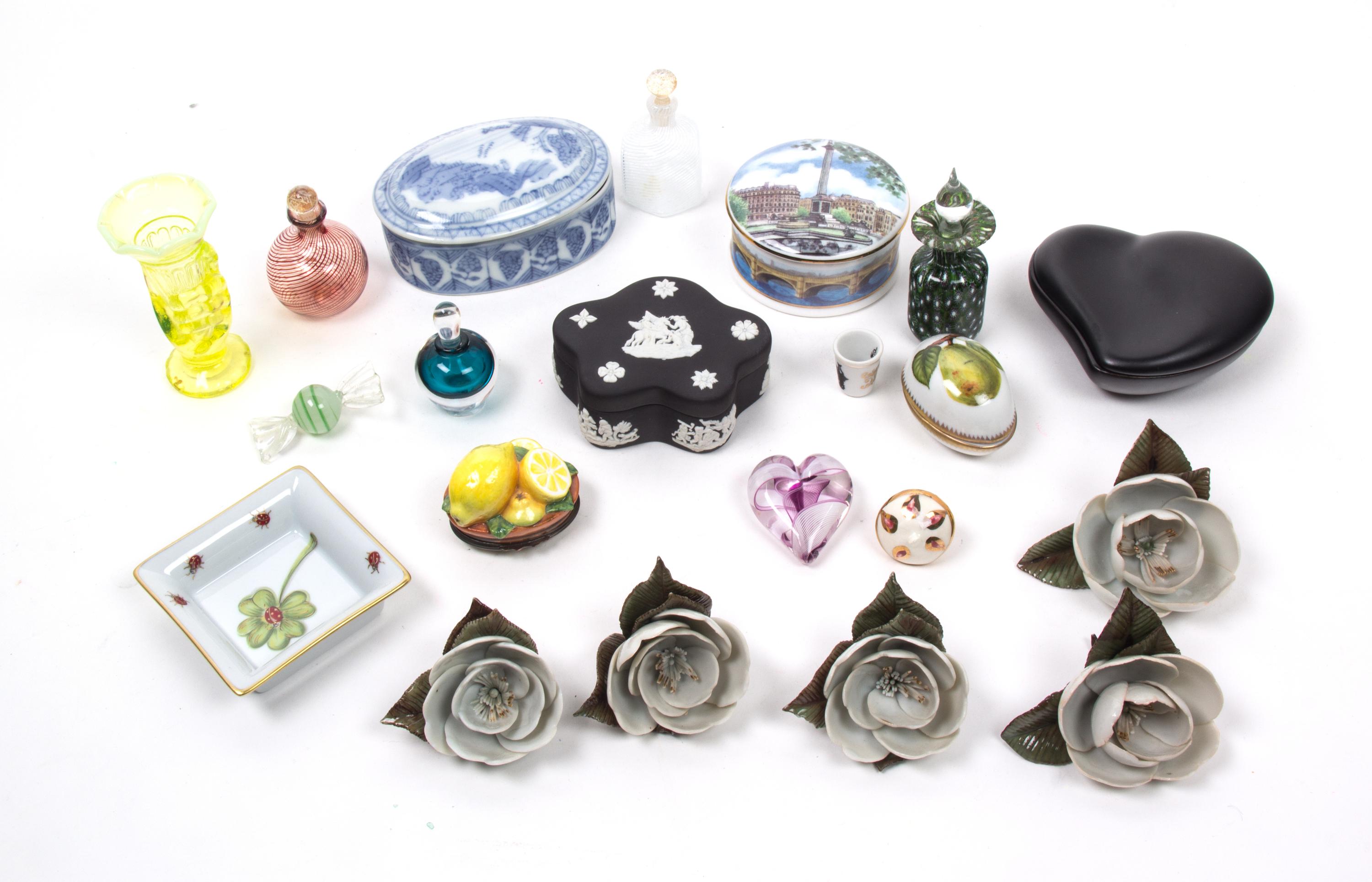 Twenty-One Miscellaneous Porcelain and Glass Articles Length of Elsa Peretti box 4 inches.