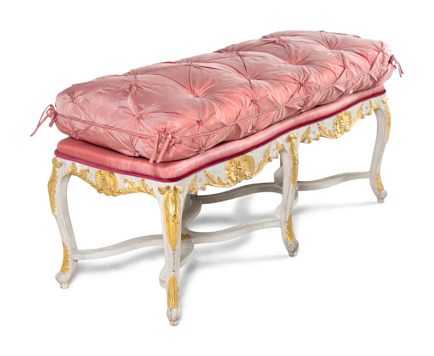 A Louis XV Style Painted and Parcel Gilt Bench