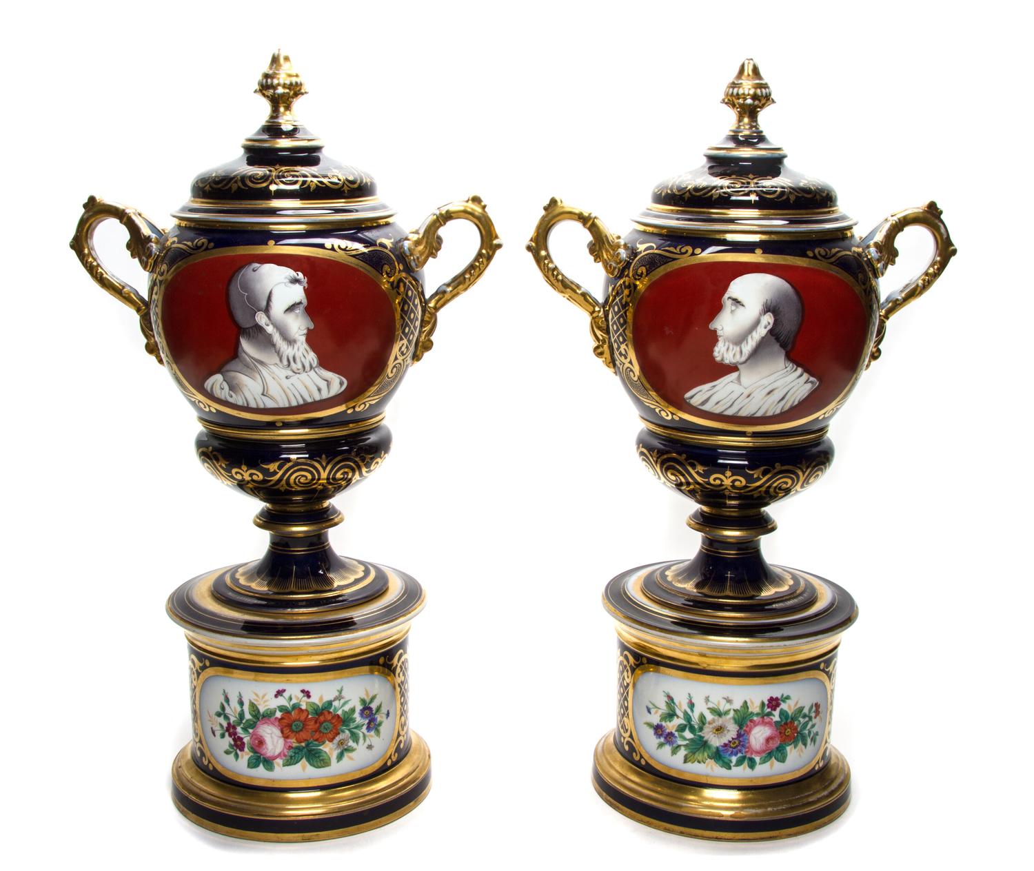 A Pair of Paris Porcelain Urns and Covers, 19TH CENTURY, Height 19 inches. — 19TH CENTURY,
