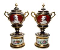 A Pair of Paris Porcelain Urns and Covers, 19TH CENTURY, Height 19 inches. — 19TH CENTURY,
