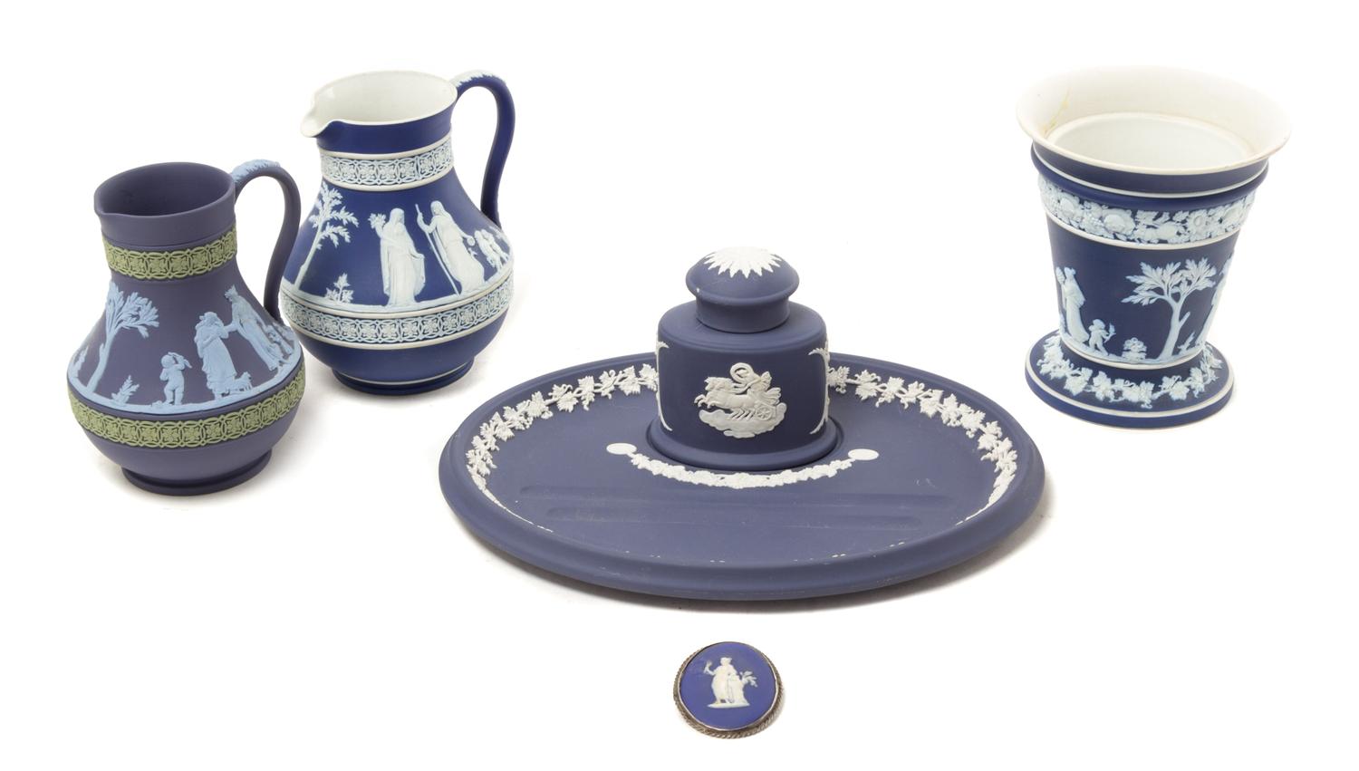 A Group of Five Wedgwood Jasperware Articles Width of inkwell 10 inches.