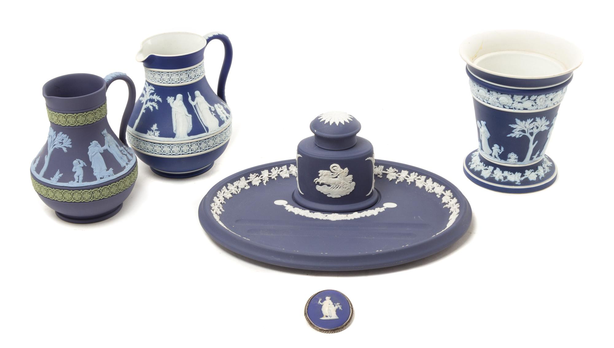 A Group of Five Wedgwood Jasperware Articles Width of inkwell 10 inches.
