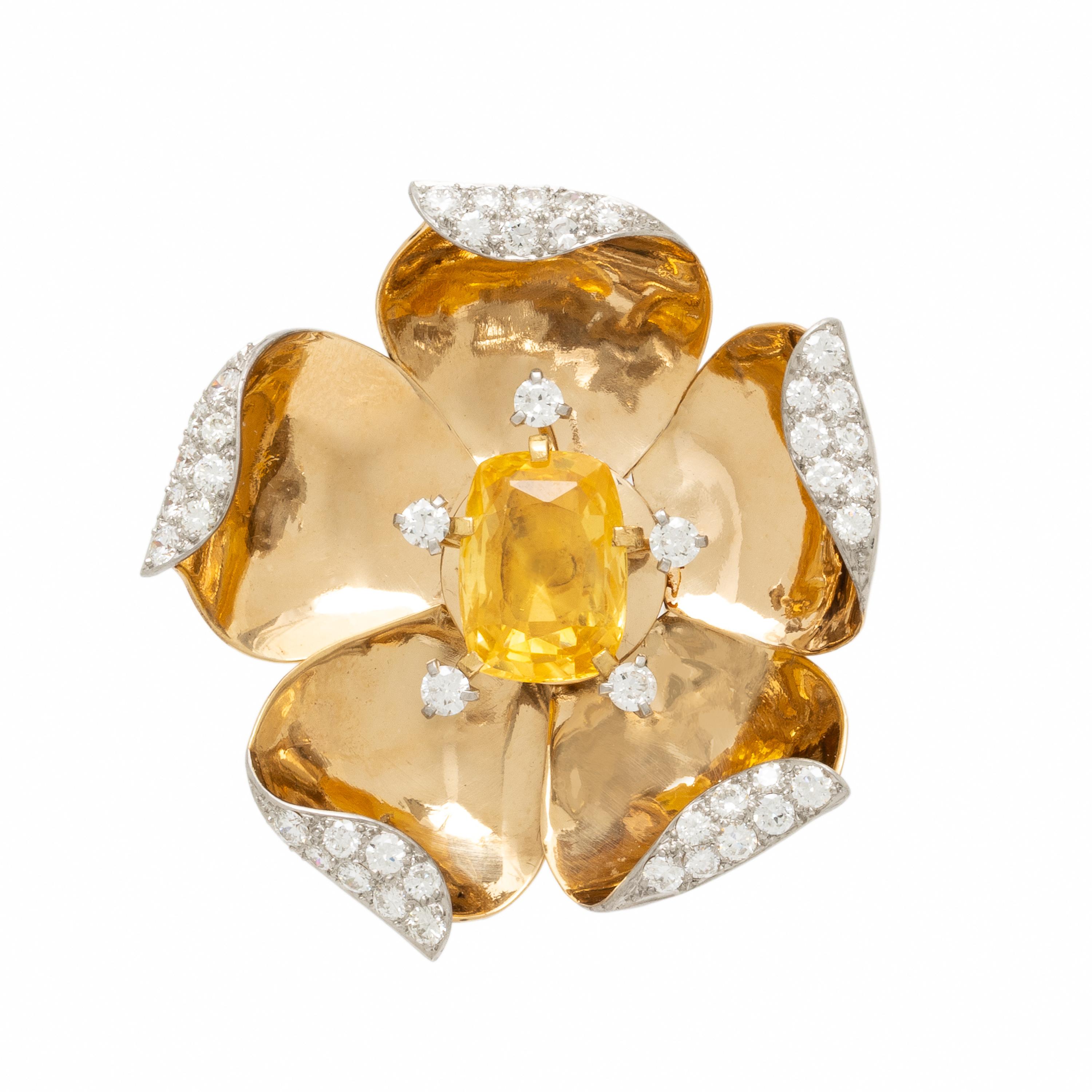 Cartier, Ceylon Yellow Sapphire and Diamond Articulated Flower Brooch