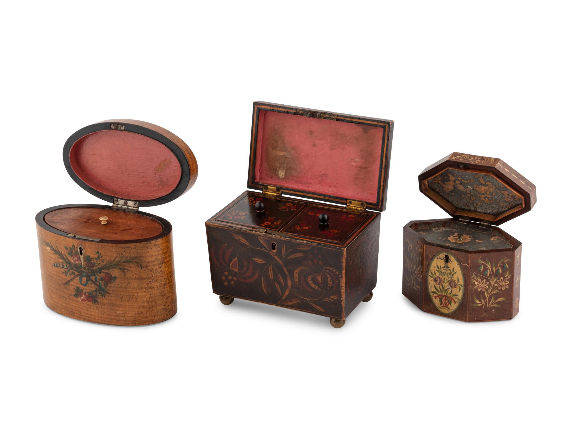 A Group of Three English Polychrome Decorated Tea Caddies