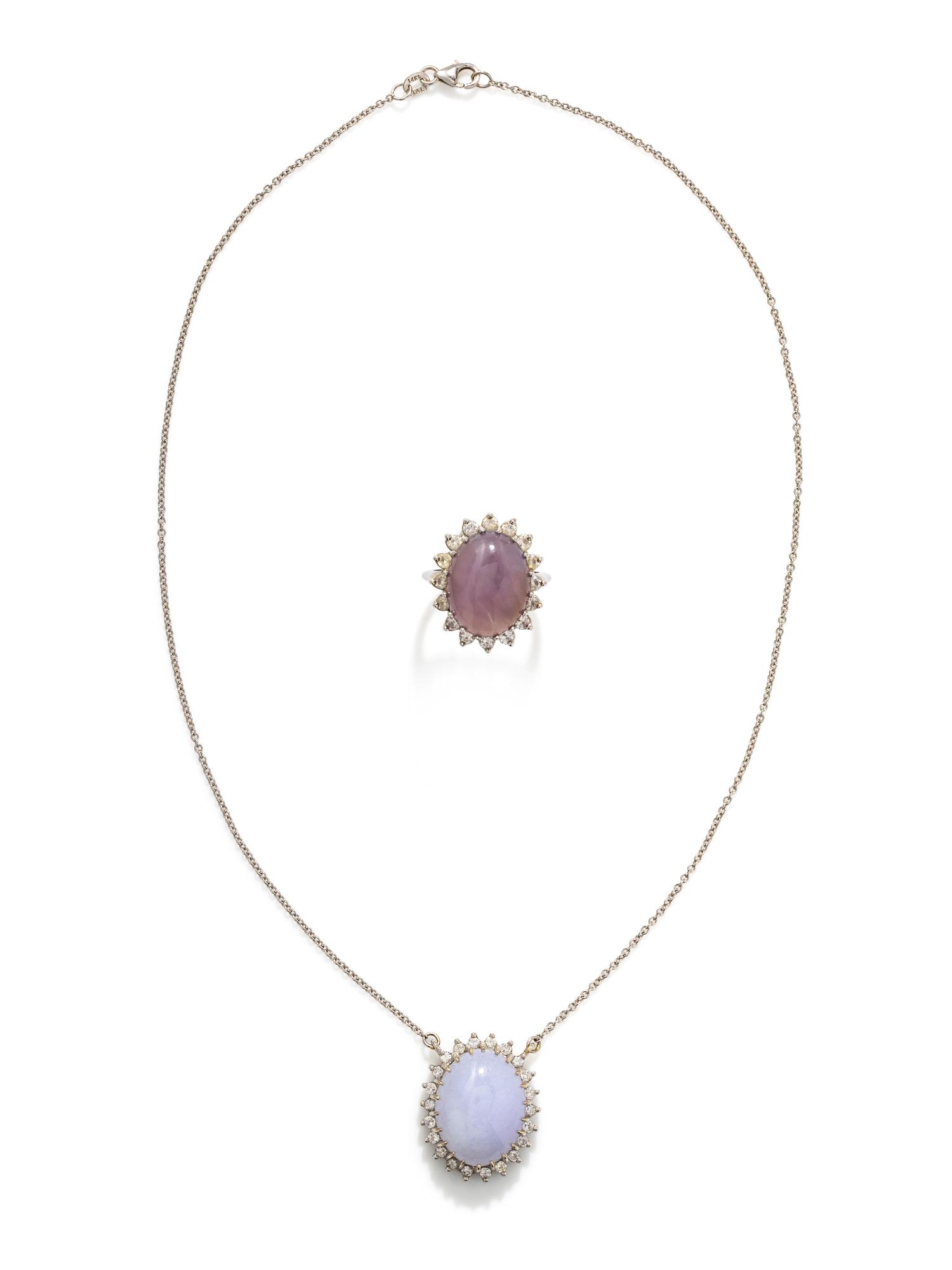 COLLECTION OF WHITE GOLD, LAVENDER JADE AND DIAMOND JEWELRY