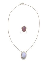 COLLECTION OF WHITE GOLD, LAVENDER JADE AND DIAMOND JEWELRY