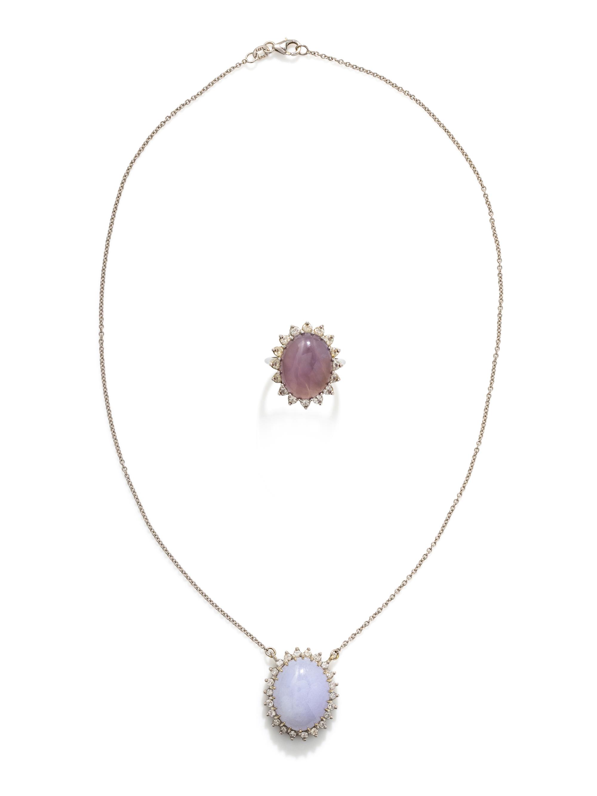 COLLECTION OF WHITE GOLD, LAVENDER JADE AND DIAMOND JEWELRY