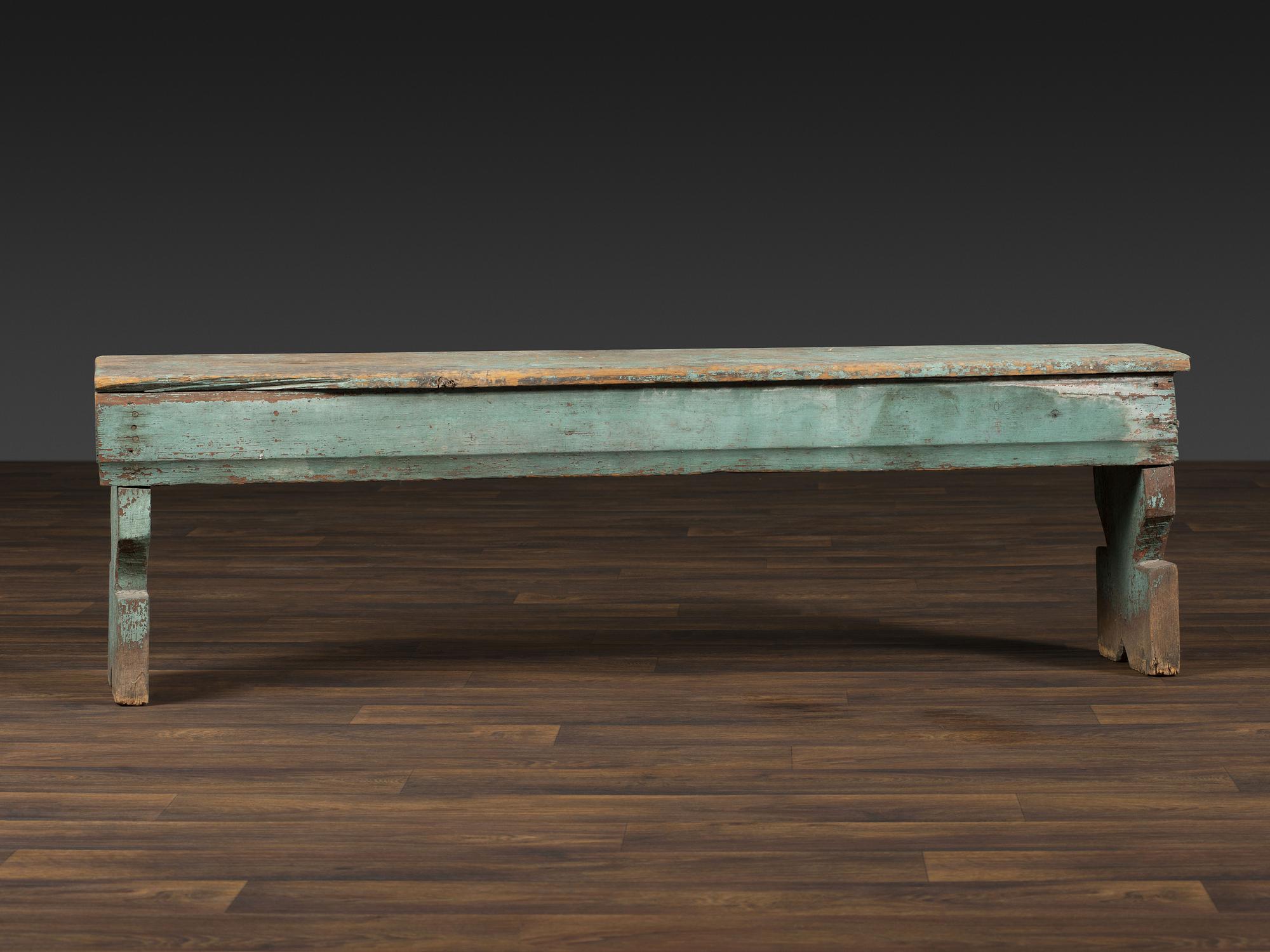 A Primitive Country Blue Painted Pine Bucket Bench