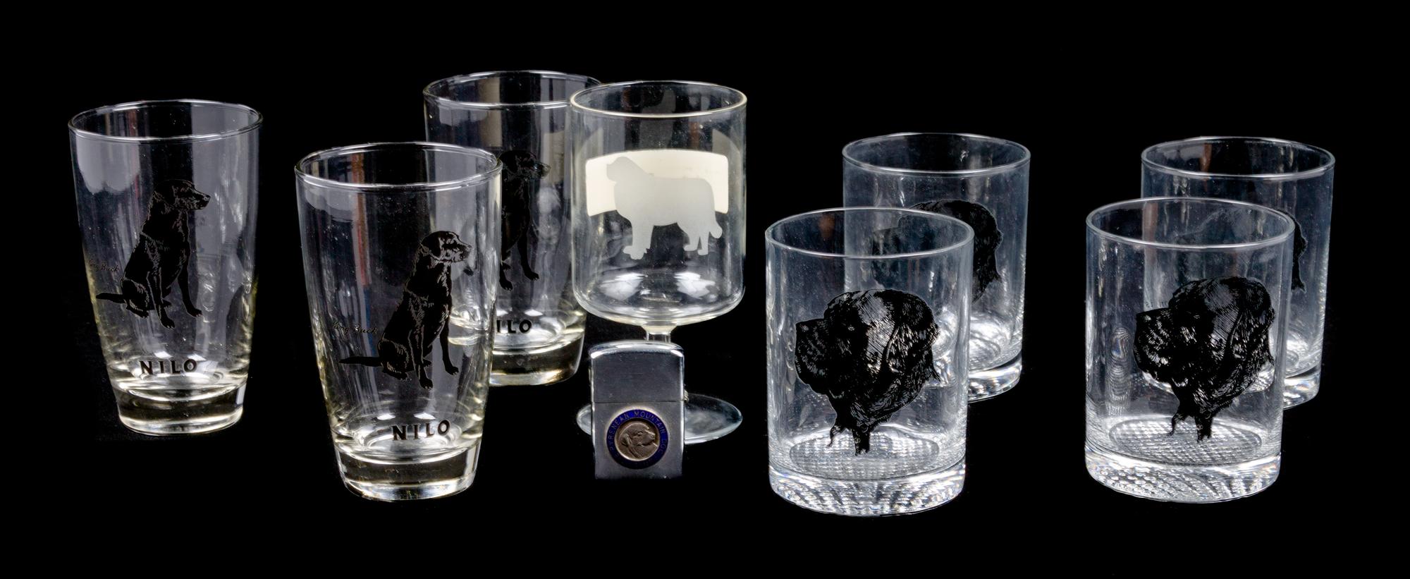 A Group of Glassware depicting Various Dog Breeds Height of tallest 5 5/8 inches.
