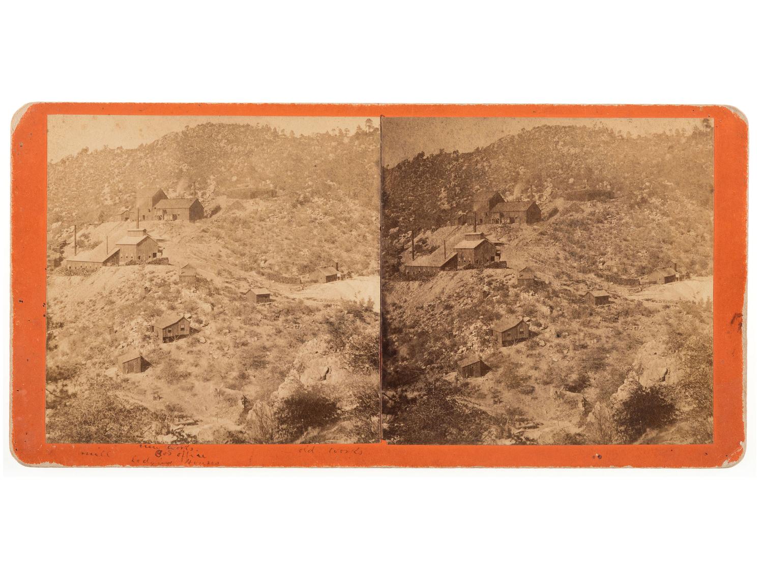 [MINING - ARIZONA]. MITCHELL, D.F., photographer. A group of 3 stereoviews, incl. images of Peck Mill & Ledge and Tiger Camp in the Bradshaw mountains. Prescott, Arizona Territory: ca 1880s.