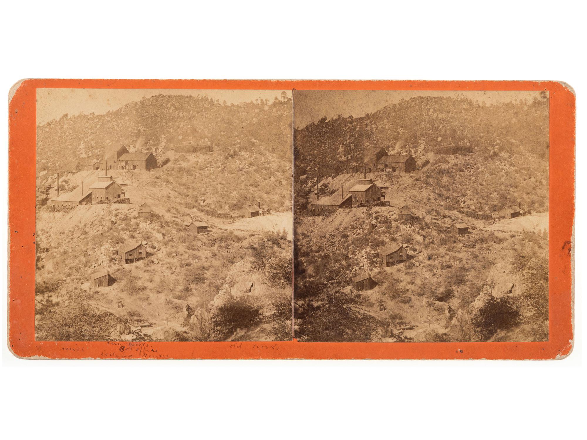 [MINING - ARIZONA]. MITCHELL, D.F., photographer. A group of 3 stereoviews, incl. images of Peck Mill & Ledge and Tiger Camp in the Bradshaw mountains. Prescott, Arizona Territory: ca 1880s.