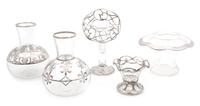 Five Silver Overlay Glass Vases Height of tallest 6 3/4 inches.