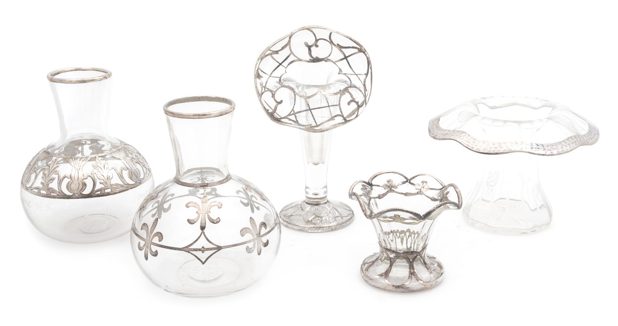 Five Silver Overlay Glass Vases Height of tallest 6 3/4 inches.