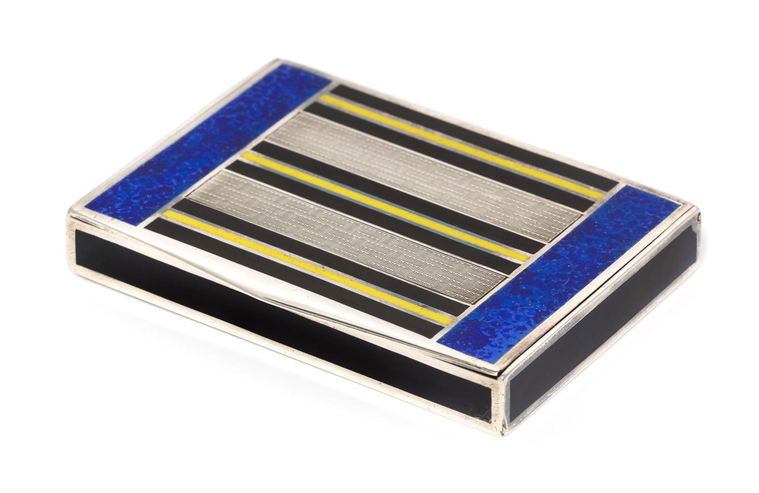 A French Art Deco Silver and Enamel Cigarette Case, Apparently Unmarked, the case worked with polychrome enamel and engine turned geome