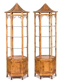 A Pair of Rattan Pagoda-Form Etageres Height 77 x diameter 21 inches. — 20TH CENTURY