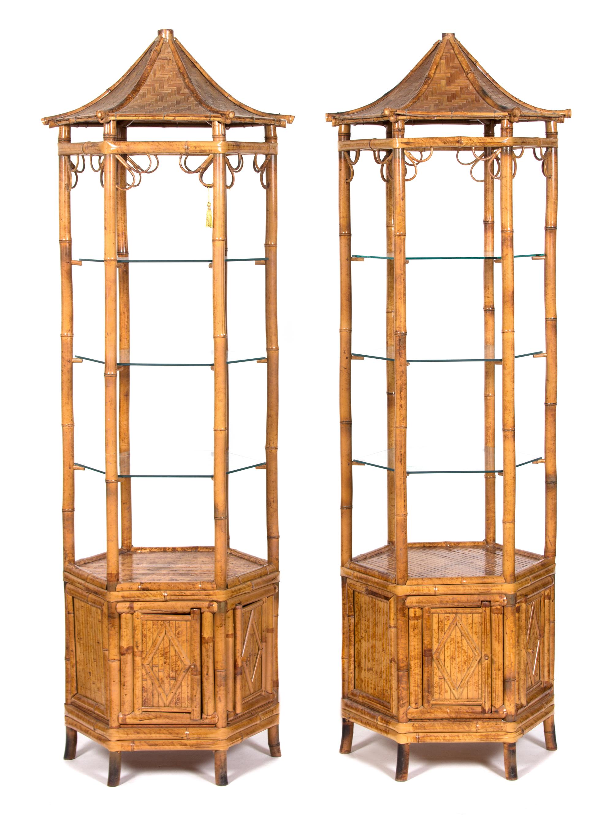 A Pair of Rattan Pagoda-Form Etageres Height 77 x diameter 21 inches. — 20TH CENTURY