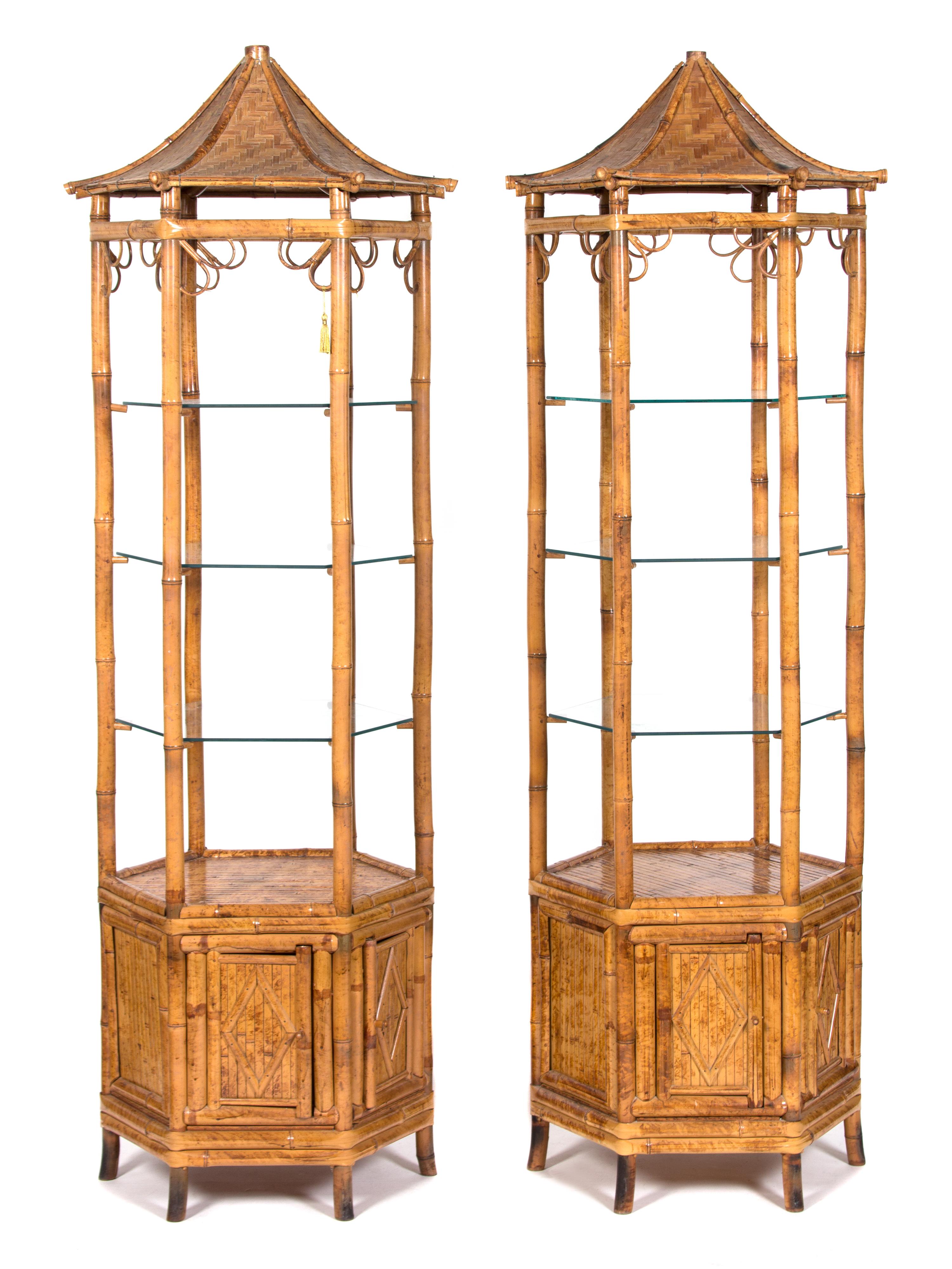 A Pair of Rattan Pagoda-Form Etageres Height 77 x diameter 21 inches. — 20TH CENTURY