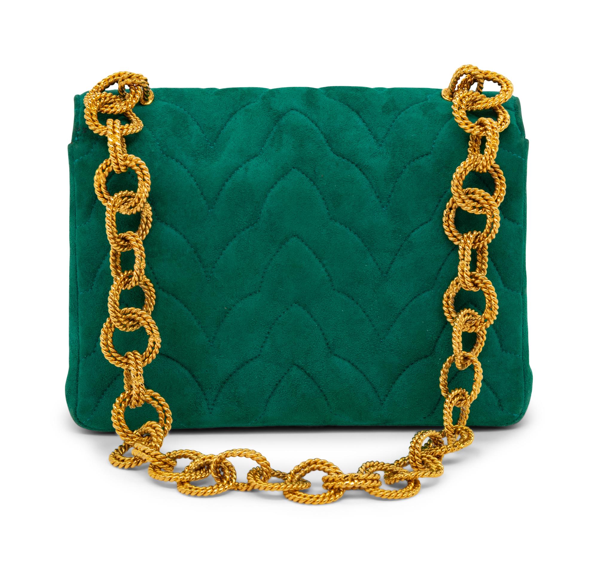 CHANEL, GREEN SUEDE GRIPOIX FLAP BAG