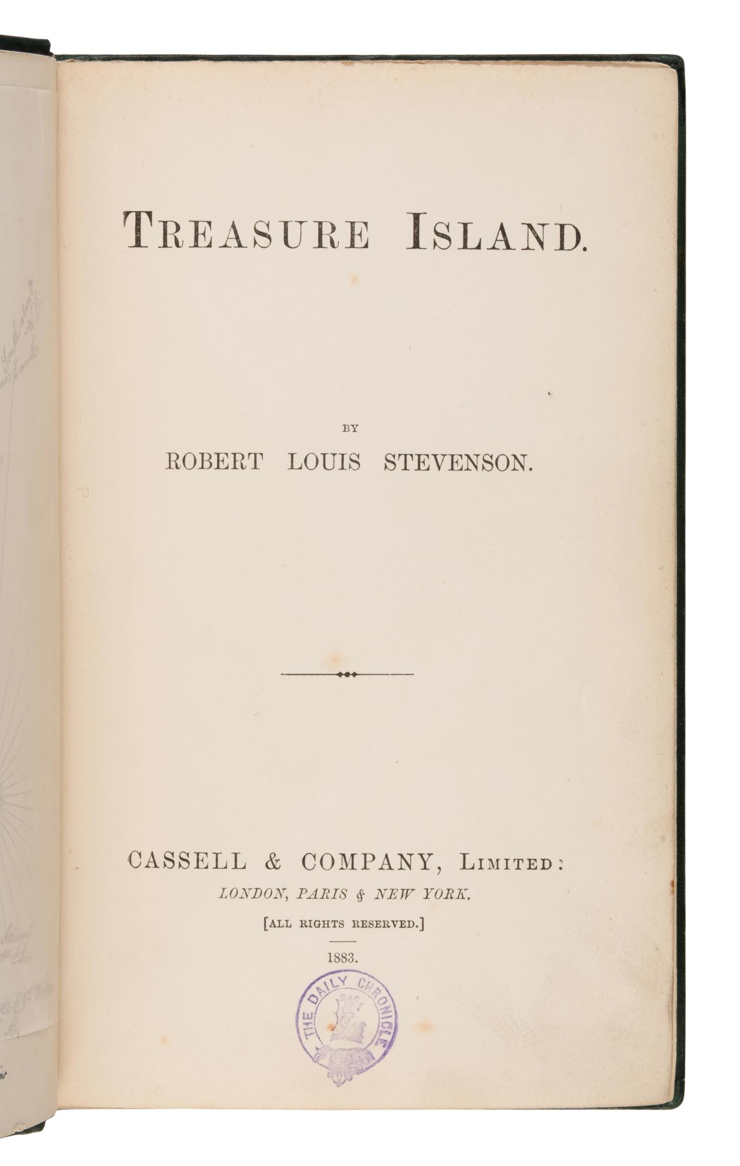 Stevenson, Robert Louis (1850-1894). Treasure Island . London, Paris & New York: Cassell & Company, 1883.