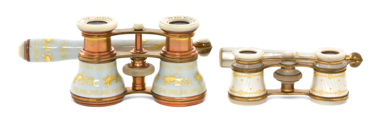 Two Pairs of French Guilloche Enameled Opera Glasses, Width of first 4 1/8 inches.