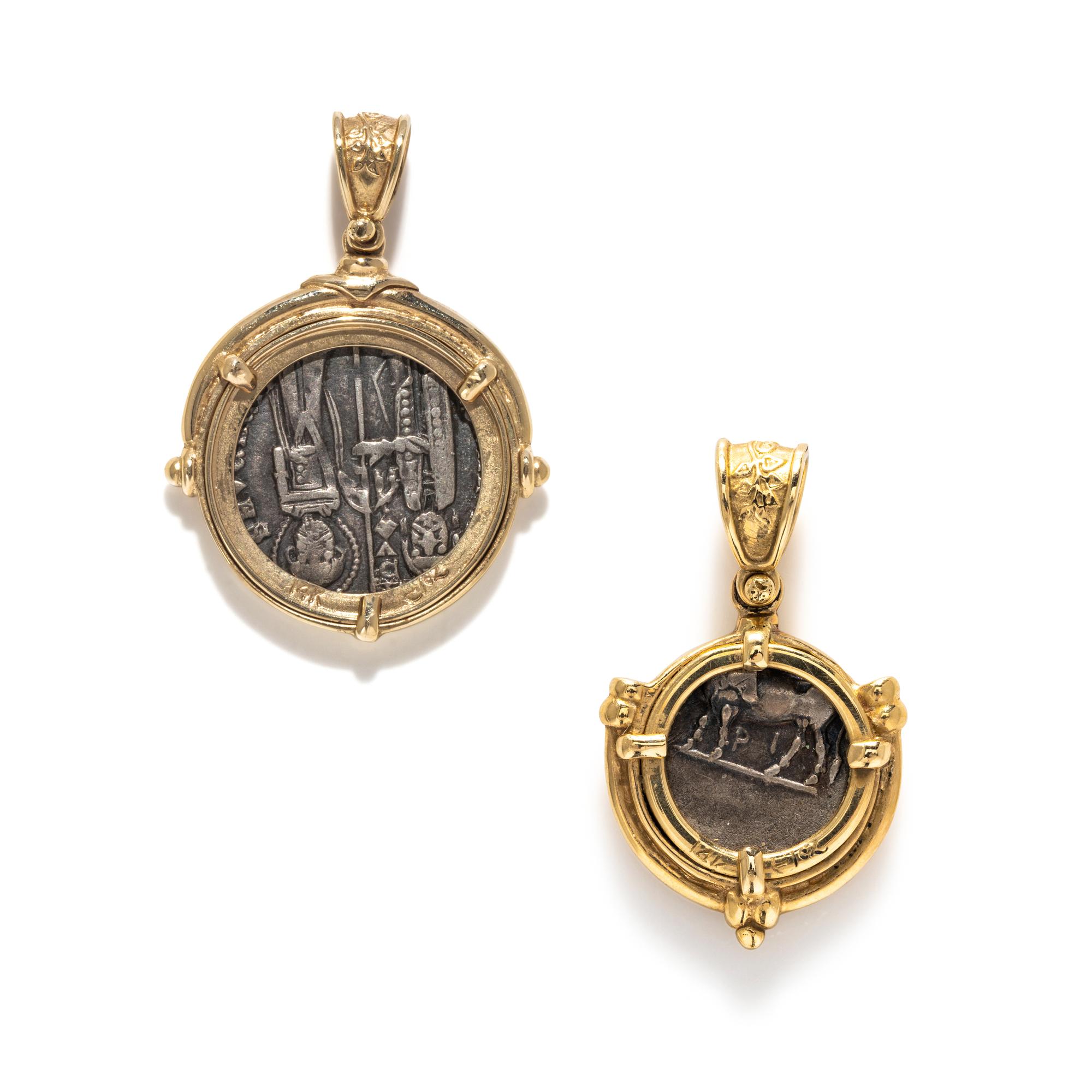 Two Greek and Byzantine Silver Coins — Set in gold pendants