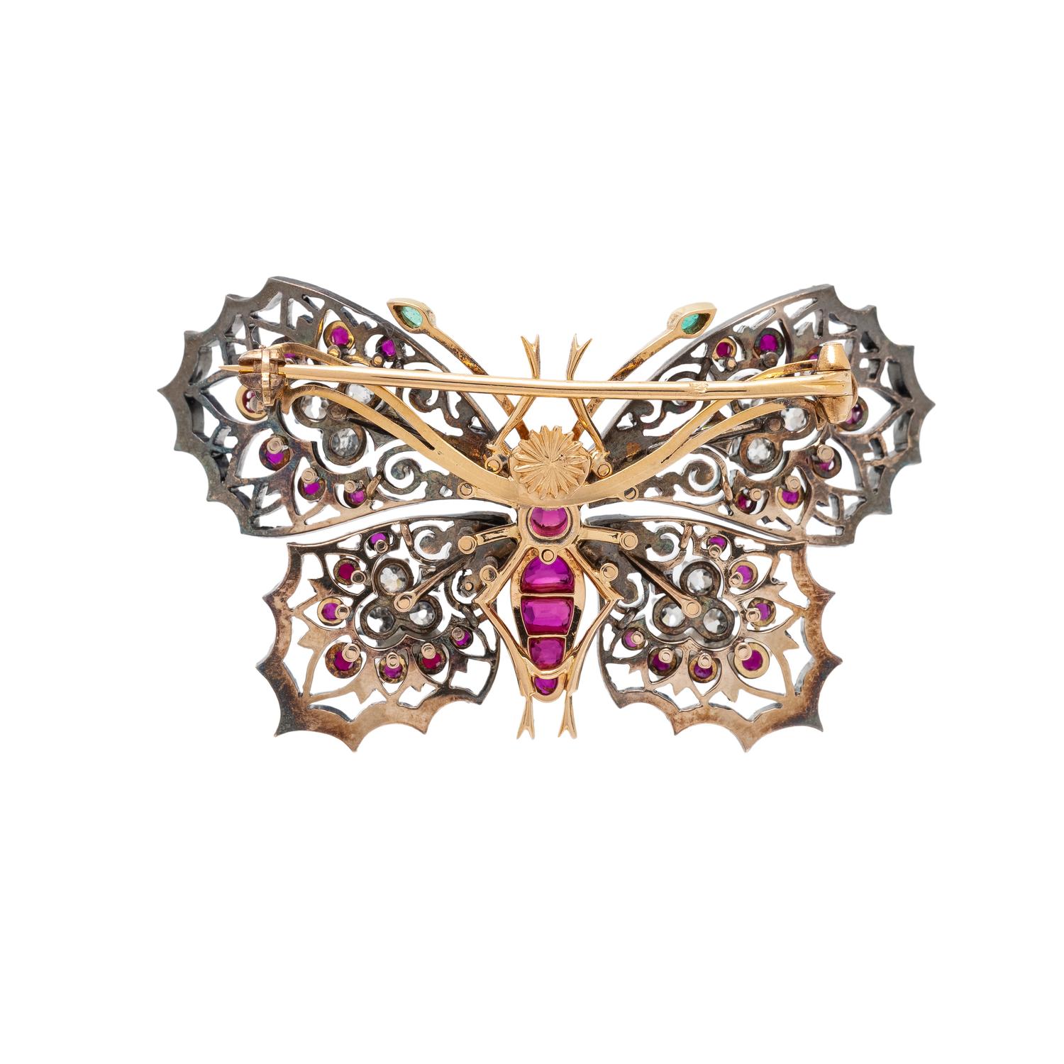 VICTORIAN, FRENCH, DIAMOND, RUBY, AND EMERALD BUTTERFLY BROOCH
