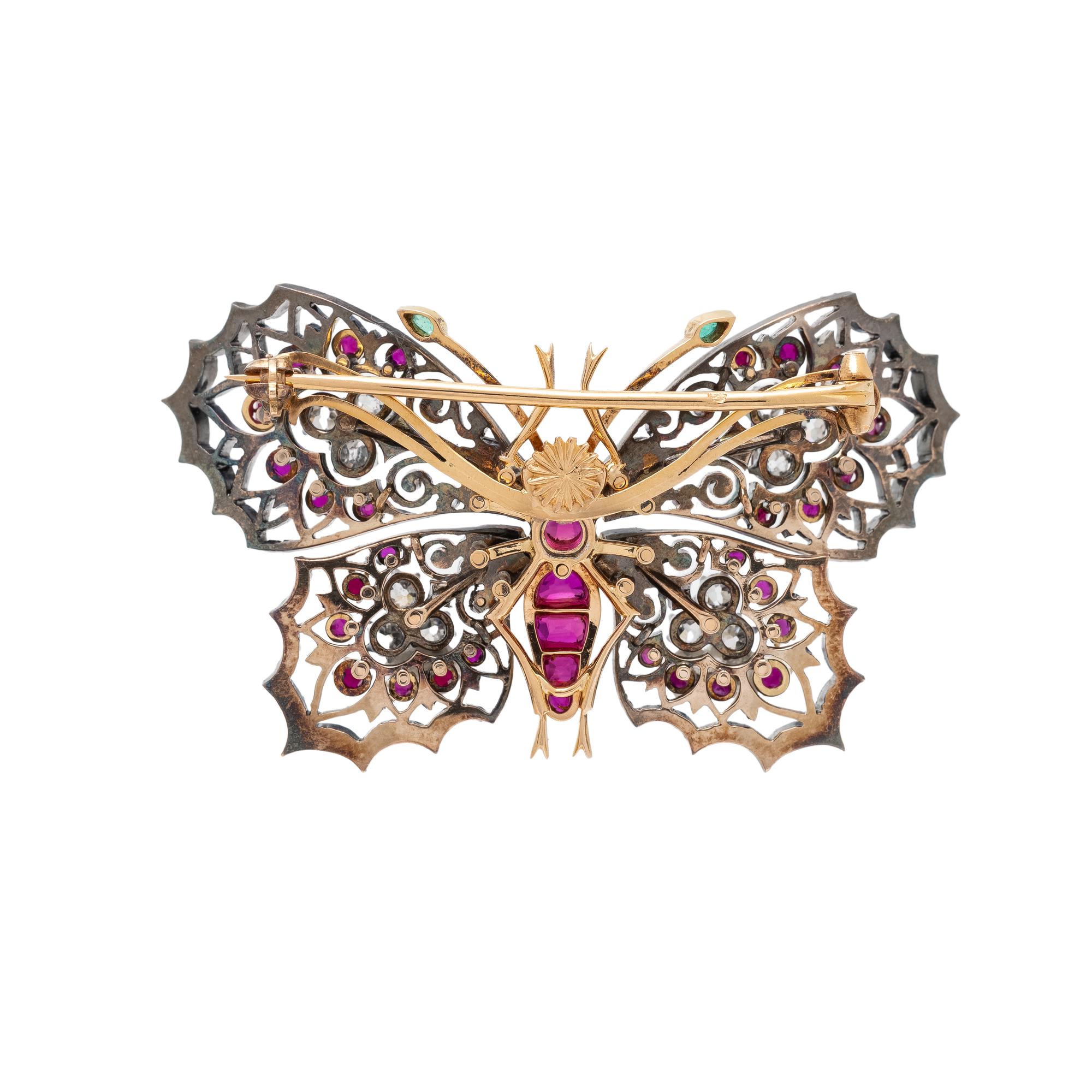 VICTORIAN, FRENCH, DIAMOND, RUBY, AND EMERALD BUTTERFLY BROOCH