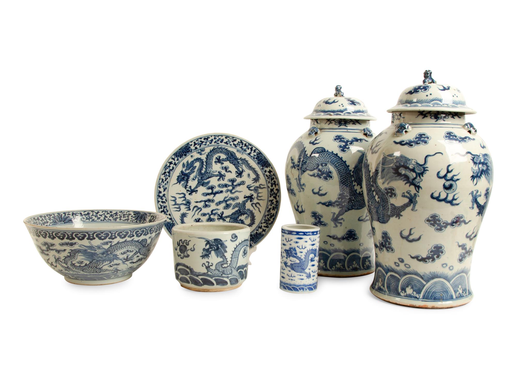 A Group of Six Chinese Blue and White Porcelain Articles — 19TH/20TH CENTURY