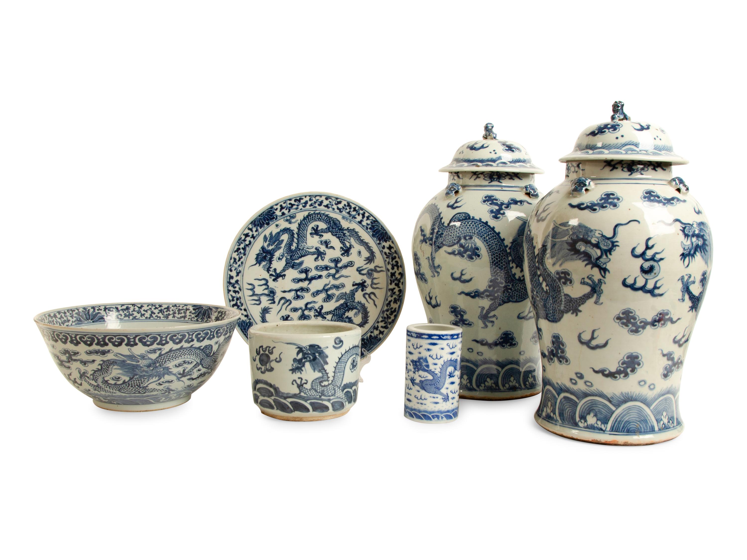 A Group of Six Chinese Blue and White Porcelain Articles — 19TH/20TH CENTURY