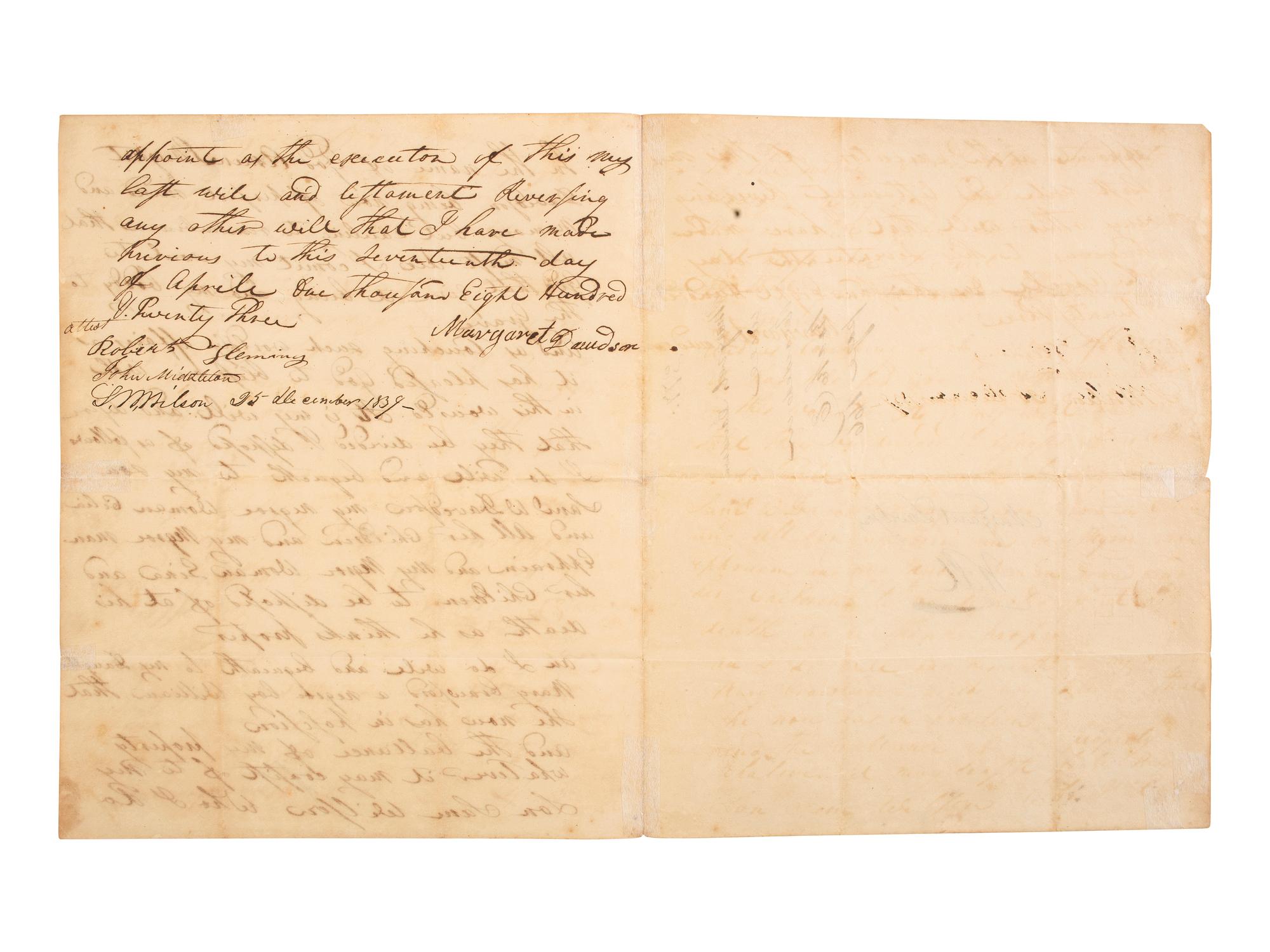 [ENSLAVEMENT & ABOLITION]. Manuscript will of Margaret Davidson bequeathing 4 identified enslaved peoples to her children. N.p., possibly Alabama or Tennessee, 25 December 1839.
